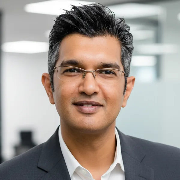 Yacoob Moosa, wearing glasses, a grey blazer and a white shirt.